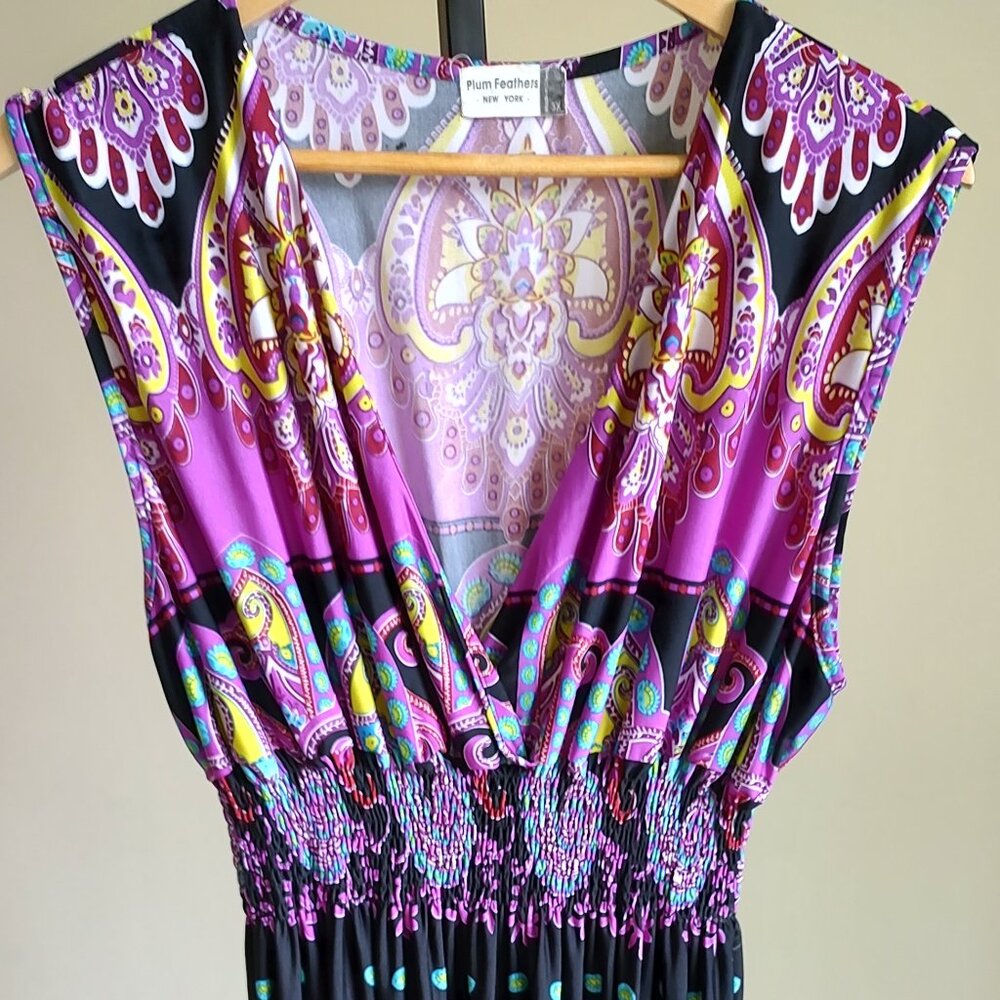 Plum Feathers Sleeveless Black/Purple/Pink Maxi Dress - Size XXXL